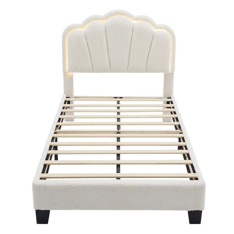 White/Pink Flower-Shaped LED Upholstered Bed with Storage Bench, Full/Twin, 2-Piece Set