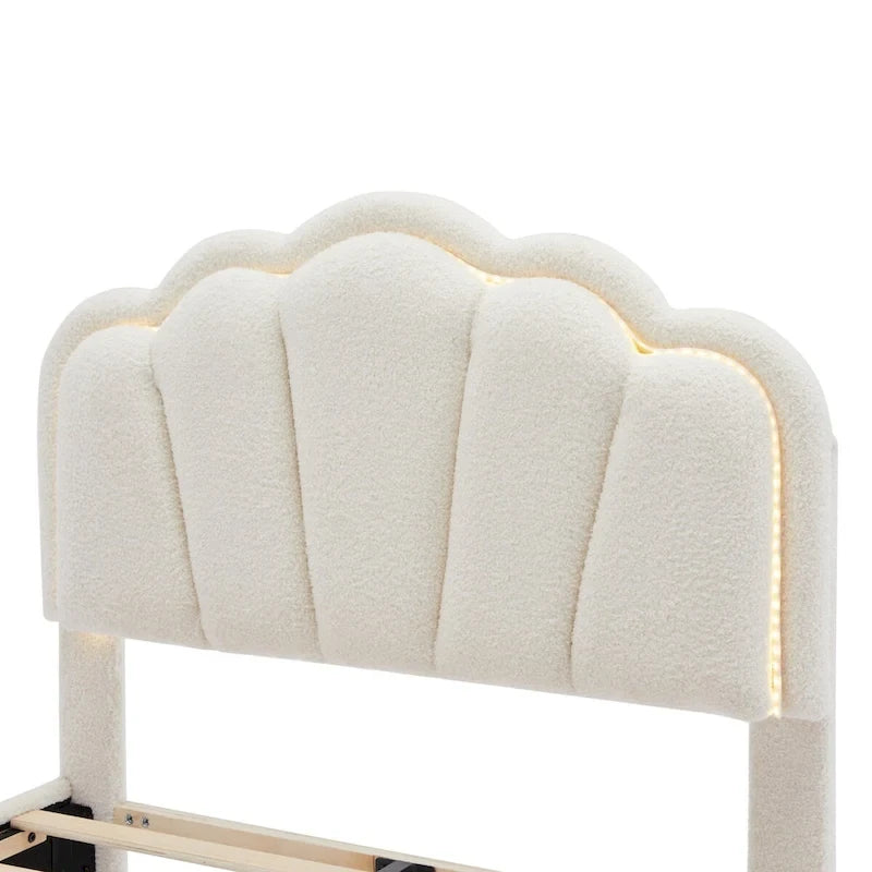 White/Pink Flower-Shaped LED Upholstered Bed with Storage Bench, Full/Twin, 2-Piece Set