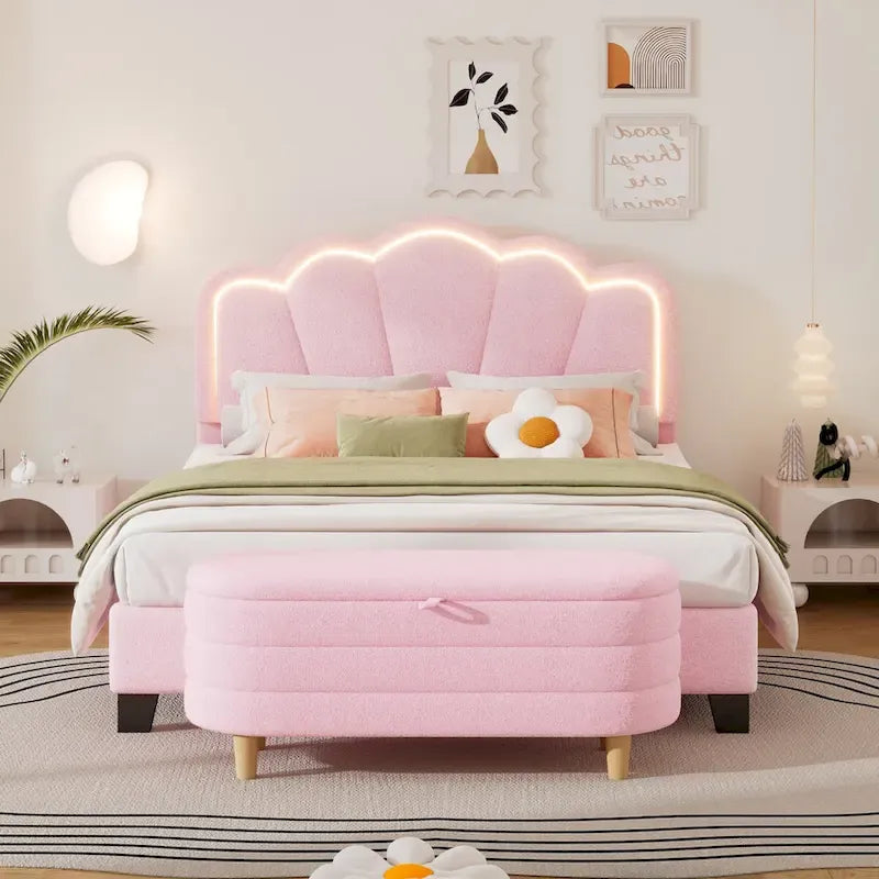 White/Pink Flower-Shaped LED Upholstered Bed with Storage Bench, Full/Twin, 2-Piece Set