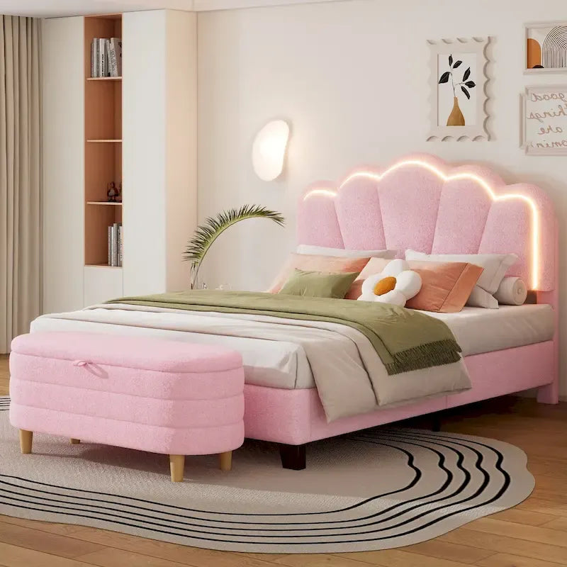 White/Pink Flower-Shaped LED Upholstered Bed with Storage Bench, Full/Twin, 2-Piece Set