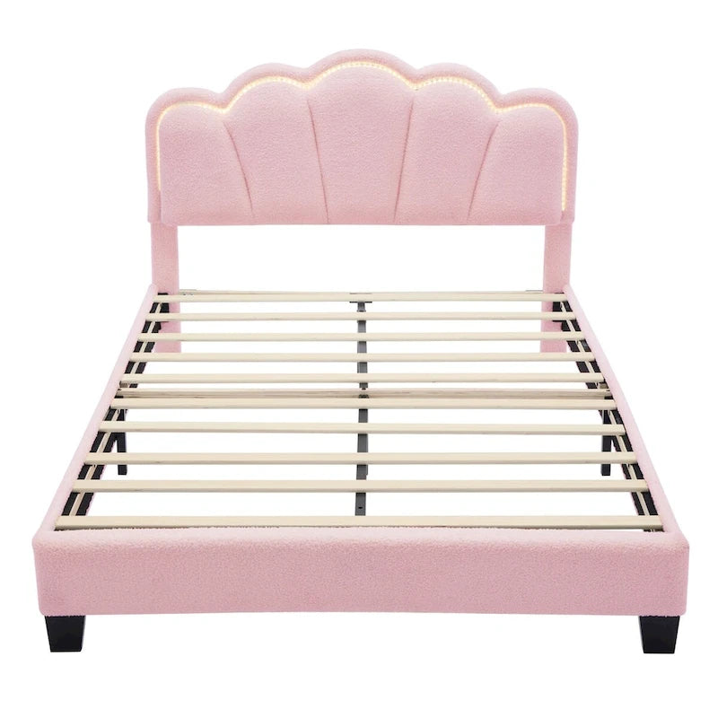 White/Pink Flower-Shaped LED Upholstered Bed with Storage Bench, Full/Twin, 2-Piece Set