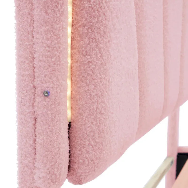White/Pink Flower-Shaped LED Upholstered Bed with Storage Bench, Full/Twin, 2-Piece Set