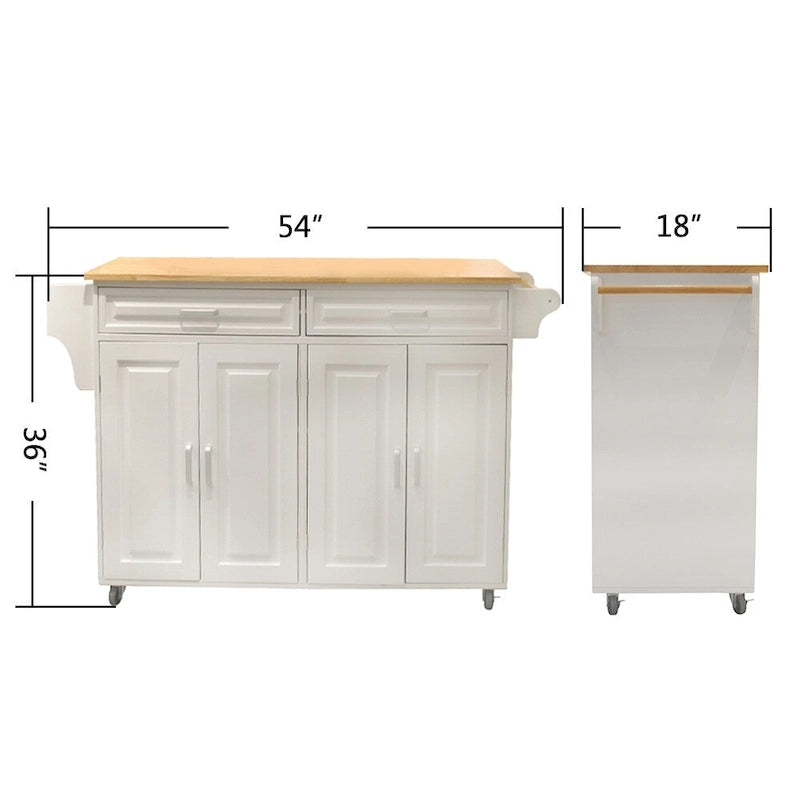 White Rolling Kitchen Island Cart with Rubber Wood Top, 4-Door Cabinet & 2 Drawers