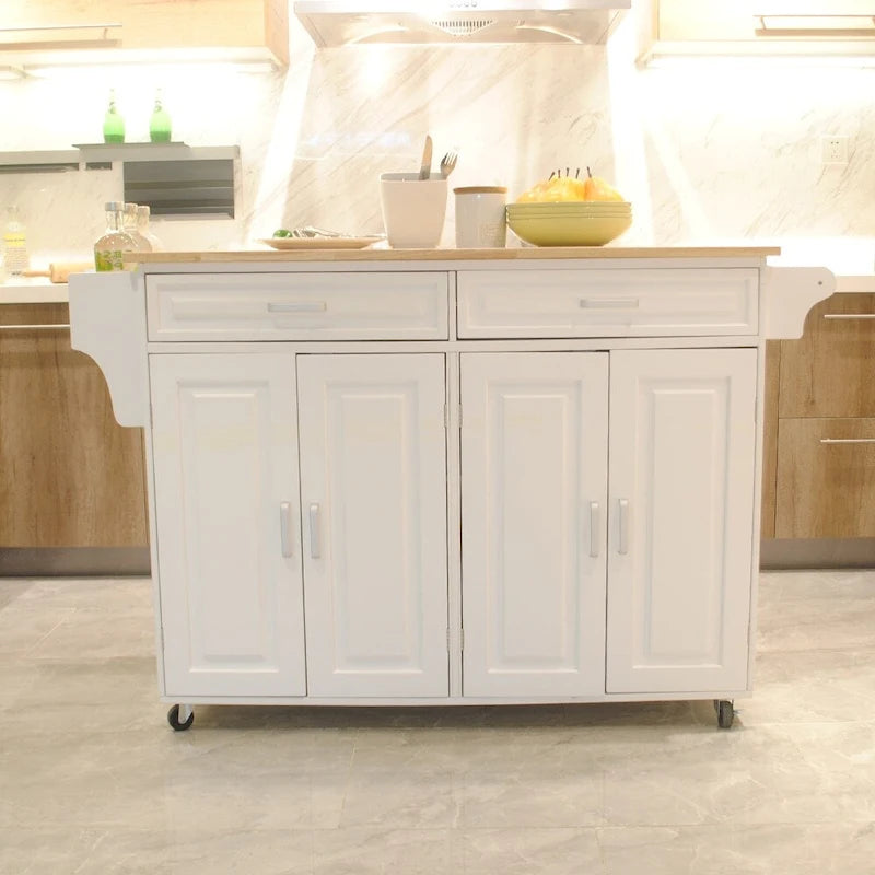 White Rolling Kitchen Island Cart with Rubber Wood Top, 4-Door Cabinet & 2 Drawers