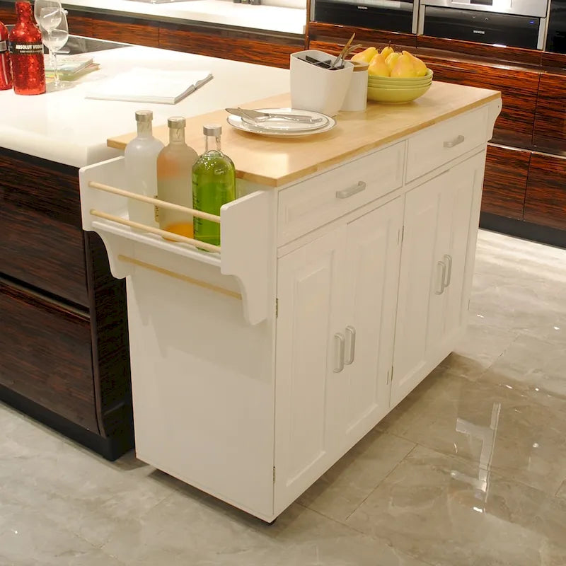 White Rolling Kitchen Island Cart with Rubber Wood Top, 4-Door Cabinet & 2 Drawers
