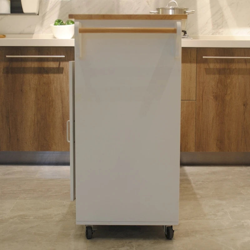 White Rolling Kitchen Island Cart with Rubber Wood Top, 4-Door Cabinet & 2 Drawers