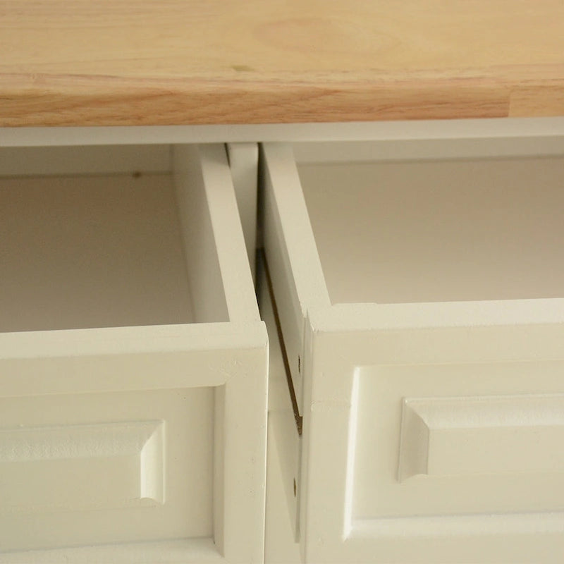 White Rolling Kitchen Island Cart with Rubber Wood Top, 4-Door Cabinet & 2 Drawers