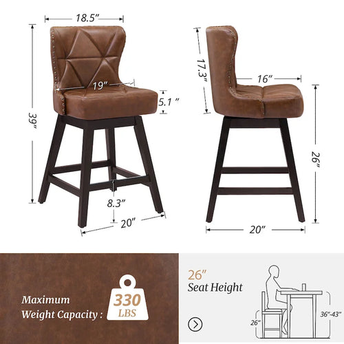  26 in. Mid-Century Modern Swivel Bar Stools Faux Leather and Linen Counter Stools with Wood FrameSet of 3