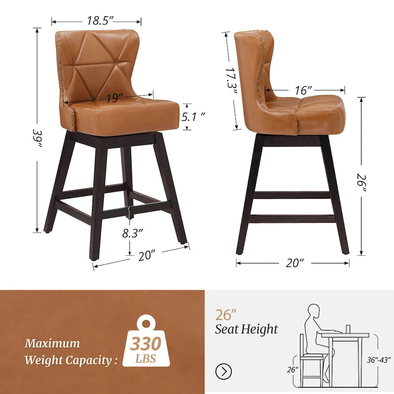 26 in. Swivel Bar Stool, Faux Leather & Linen, Armless, Set of 3