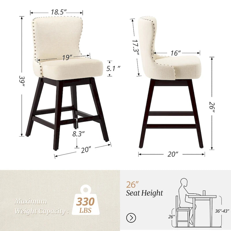 26 in. Swivel Bar Stool, Faux Leather & Linen, Armless, Set of 3
