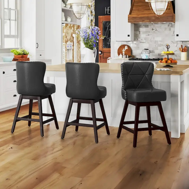 26 in. Swivel Bar Stool, Faux Leather & Linen, Armless, Set of 3