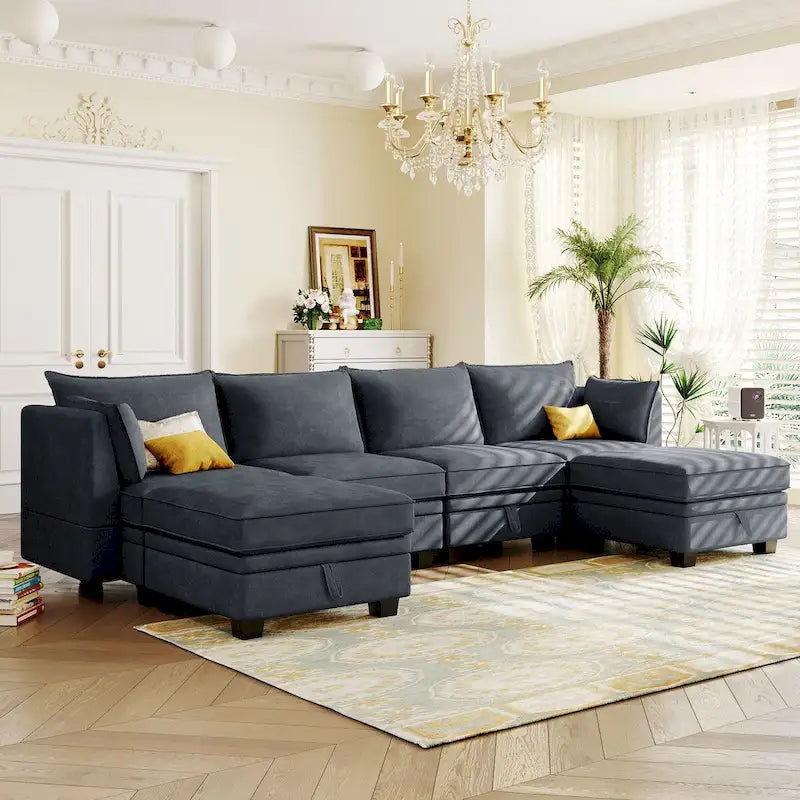 Dark Gray / Beige / Green Modular Sectional Sofa with Storage, 6-Piece for 6