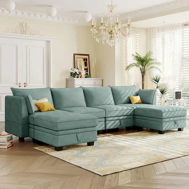Dark Gray / Beige / Green Modular Sectional Sofa with Storage, 6-Piece for 6