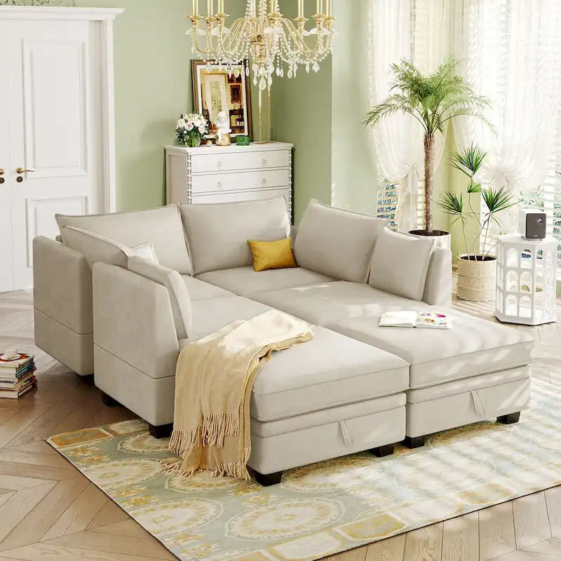 Dark Gray / Beige / Green Modular Sectional Sofa with Storage, 6-Piece for 6