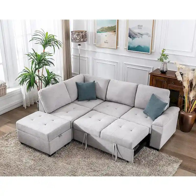Gray / Dark Gray / Black L-Shaped Velvet Sleeper Sectional Sofa, 5-Seat, with USB Ports, Storage Ottoman & Hidden Arm Storage