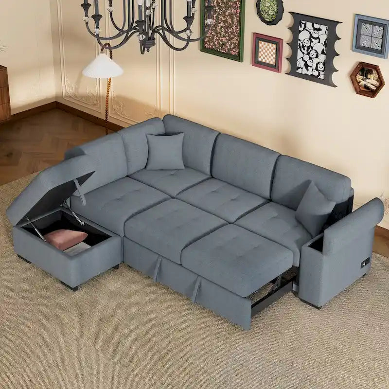 Gray / Dark Gray / Black L-Shaped Velvet Sleeper Sectional Sofa, 5-Seat, with USB Ports, Storage Ottoman & Hidden Arm Storage