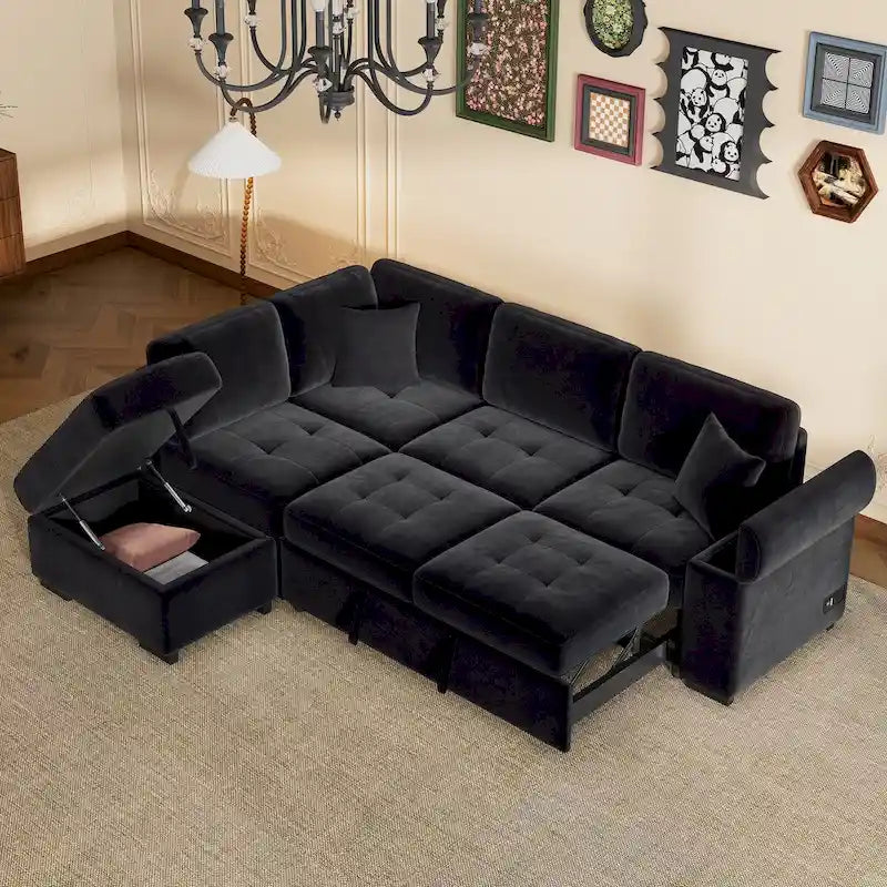 Gray / Dark Gray / Black L-Shaped Velvet Sleeper Sectional Sofa, 5-Seat, with USB Ports, Storage Ottoman & Hidden Arm Storage