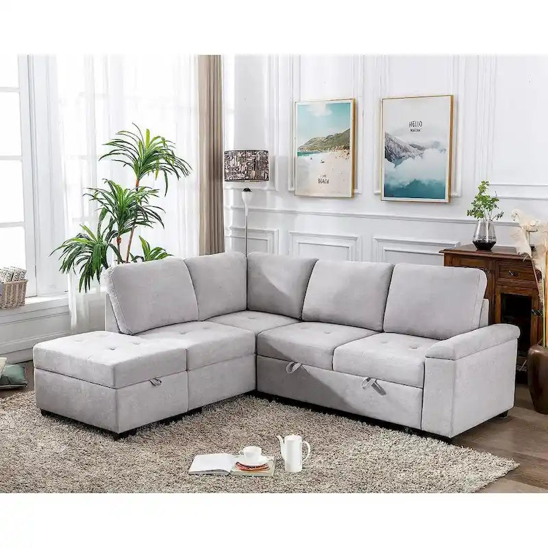 Gray / Dark Gray / Black L-Shaped Velvet Sleeper Sectional Sofa, 5-Seat, with USB Ports, Storage Ottoman & Hidden Arm Storage
