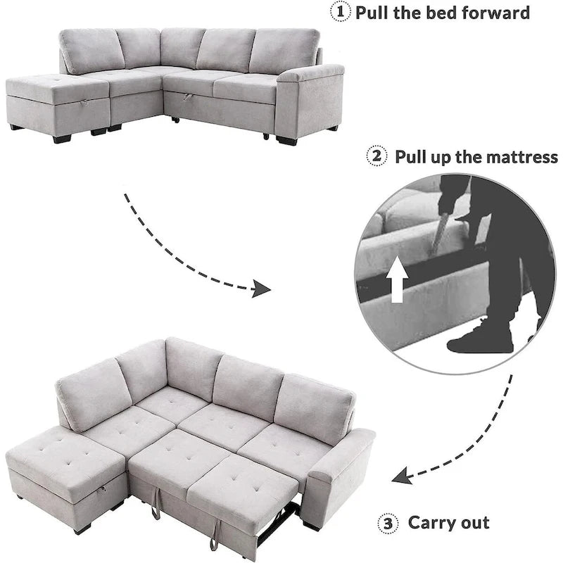 Gray / Dark Gray / Black L-Shaped Velvet Sleeper Sectional Sofa, 5-Seat, with USB Ports, Storage Ottoman & Hidden Arm Storage