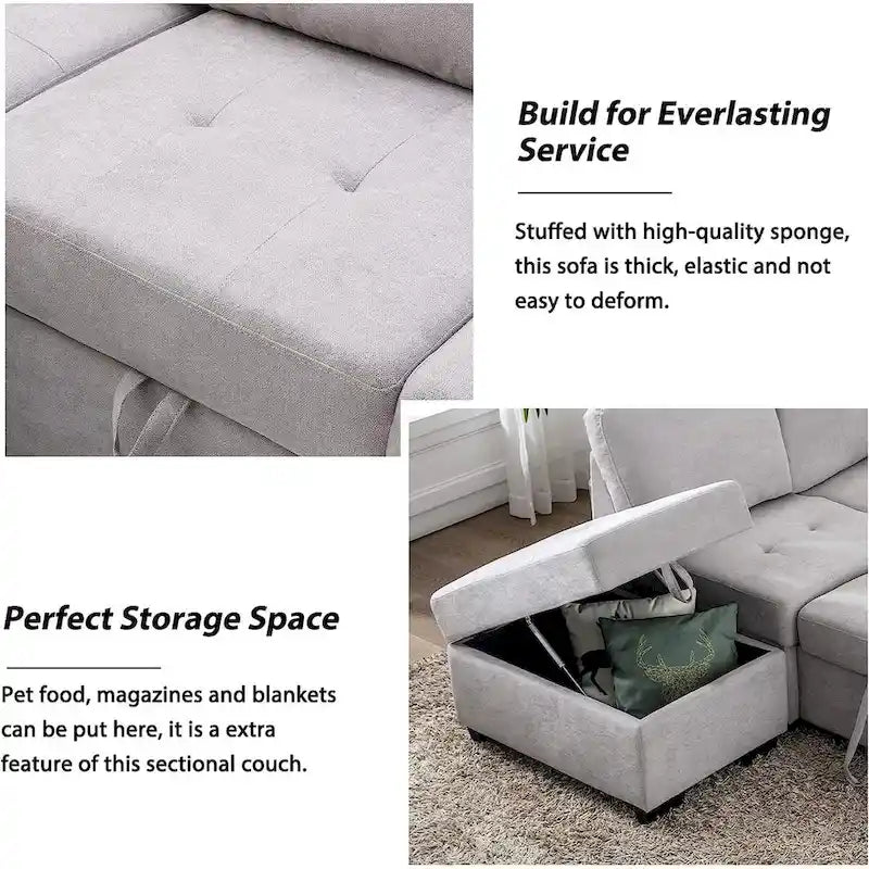 Gray / Dark Gray / Black L-Shaped Velvet Sleeper Sectional Sofa, 5-Seat, with USB Ports, Storage Ottoman & Hidden Arm Storage