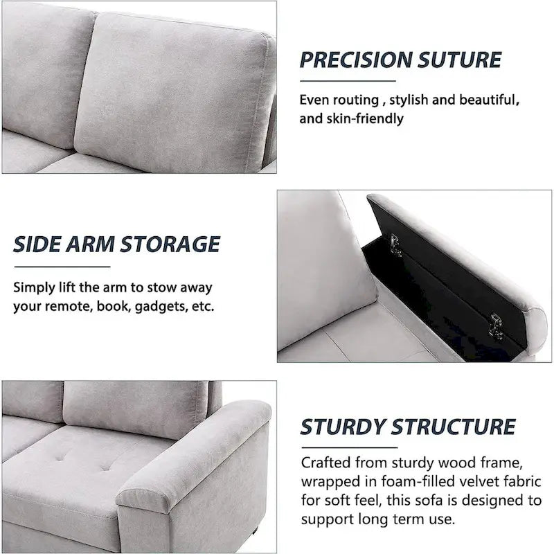 Gray / Dark Gray / Black L-Shaped Velvet Sleeper Sectional Sofa, 5-Seat, with USB Ports, Storage Ottoman & Hidden Arm Storage