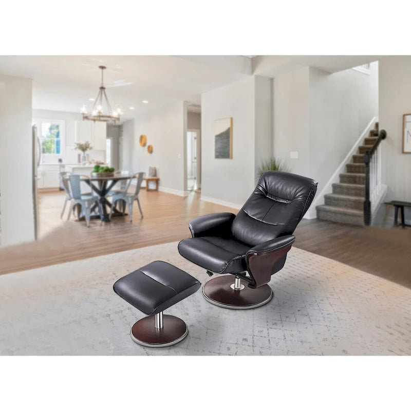Black Bond Leather Swivel Recliner & Ottoman Set – 1-Person