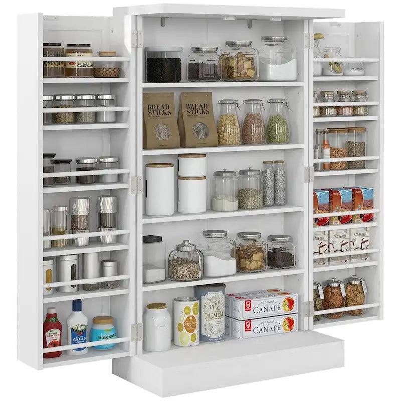 White/Red 5-Tier Pantry Cabinet with Double Doors, Single-Person Use