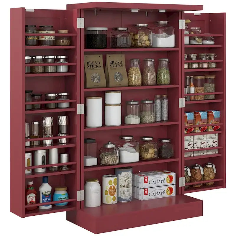White/Red 5-Tier Pantry Cabinet with Double Doors, Single-Person Use