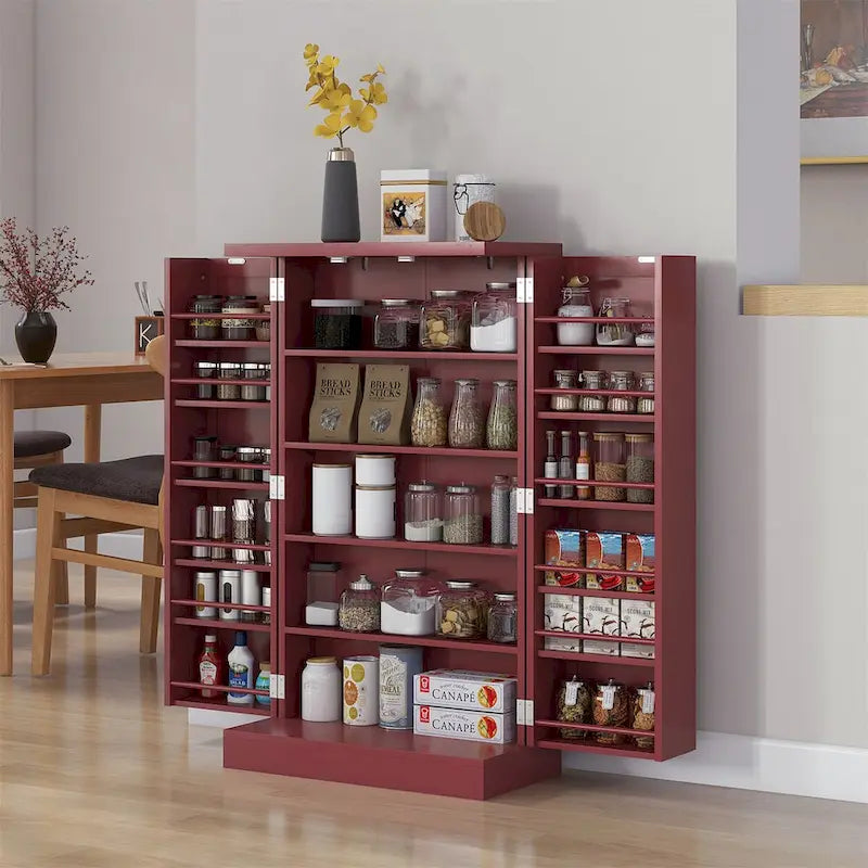 White/Red 5-Tier Pantry Cabinet with Double Doors, Single-Person Use