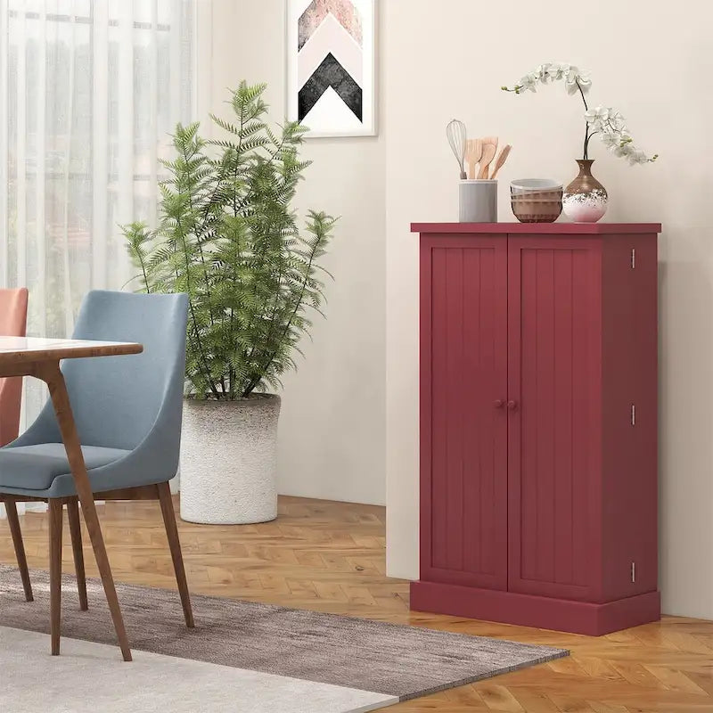 White/Red 5-Tier Pantry Cabinet with Double Doors, Single-Person Use