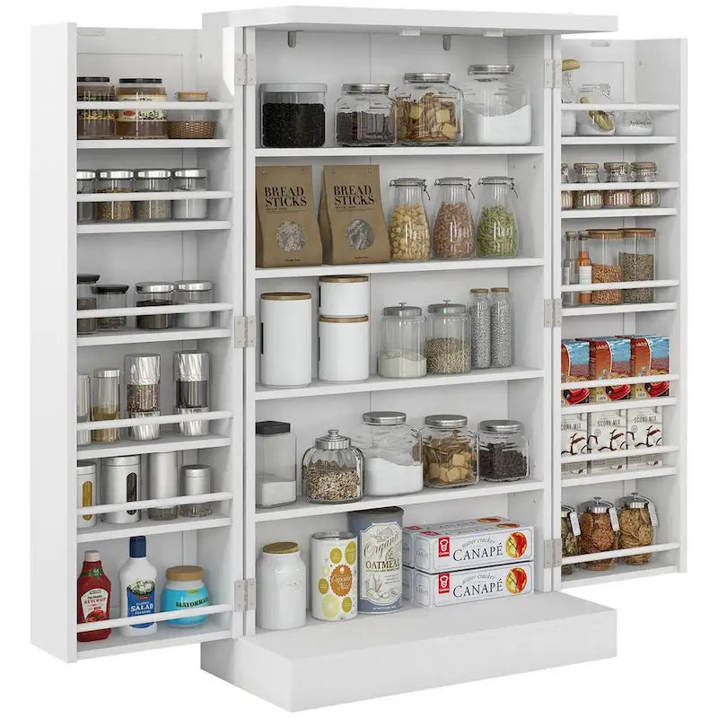 White/Red 5-Tier Pantry Cabinet with Double Doors, Single-Person Use