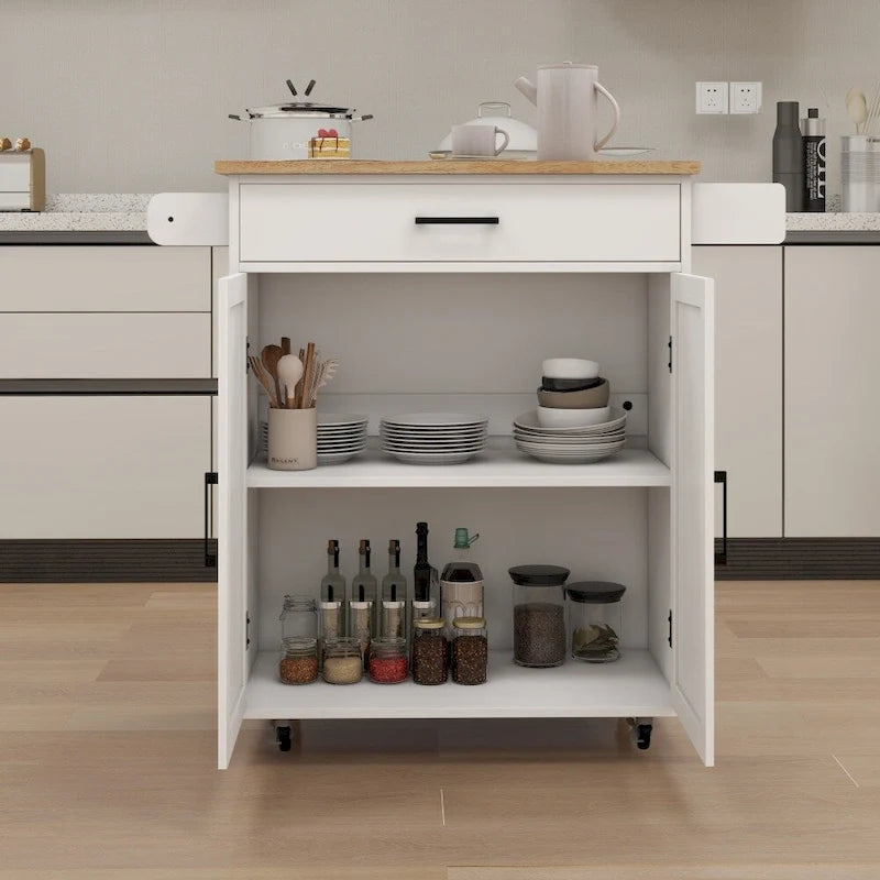 White Portable Kitchen Island Cart with Wood Top, Towel Rack & Storage Drawers