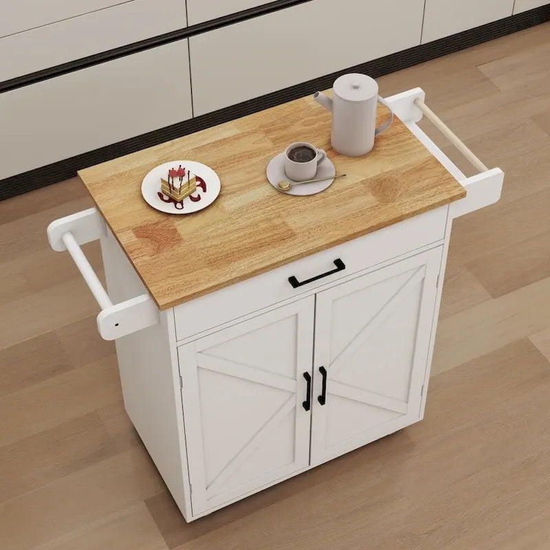White Portable Kitchen Island Cart with Wood Top, Towel Rack & Storage Drawers