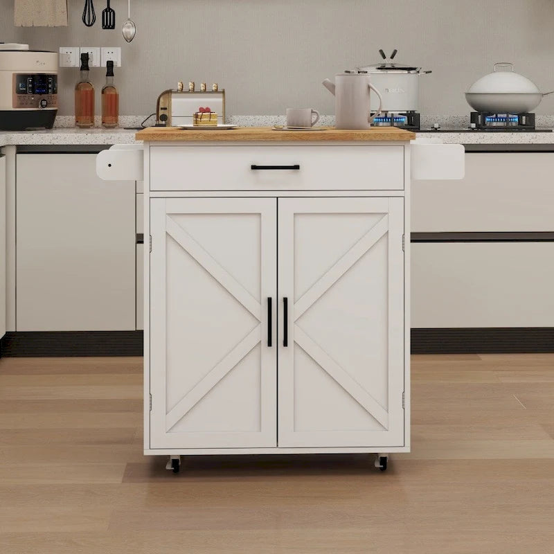White Portable Kitchen Island Cart with Wood Top, Towel Rack & Storage Drawers