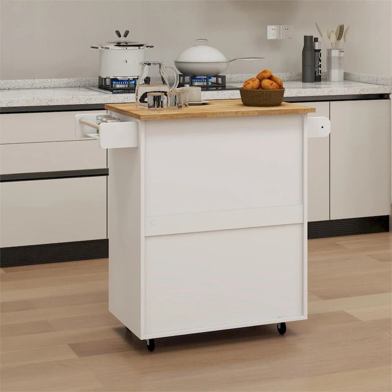White Portable Kitchen Island Cart with Wood Top, Towel Rack & Storage Drawers