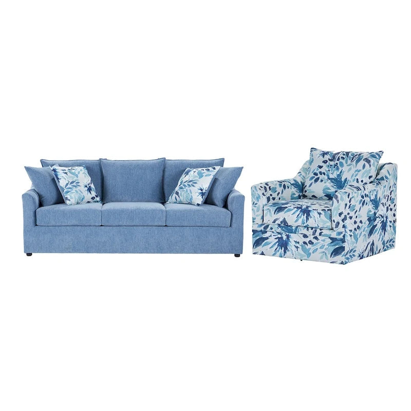Slate Blue / Blue-White 2-Seat Living Room Set (Sofa + Swivel Chair)