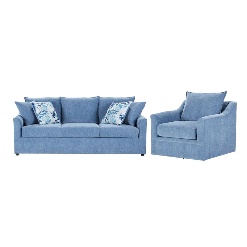 Slate Blue / Blue-White 2-Seat Living Room Set (Sofa + Swivel Chair)