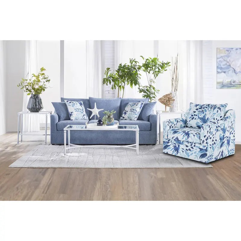 Slate Blue / Blue-White 2-Seat Living Room Set (Sofa + Swivel Chair)