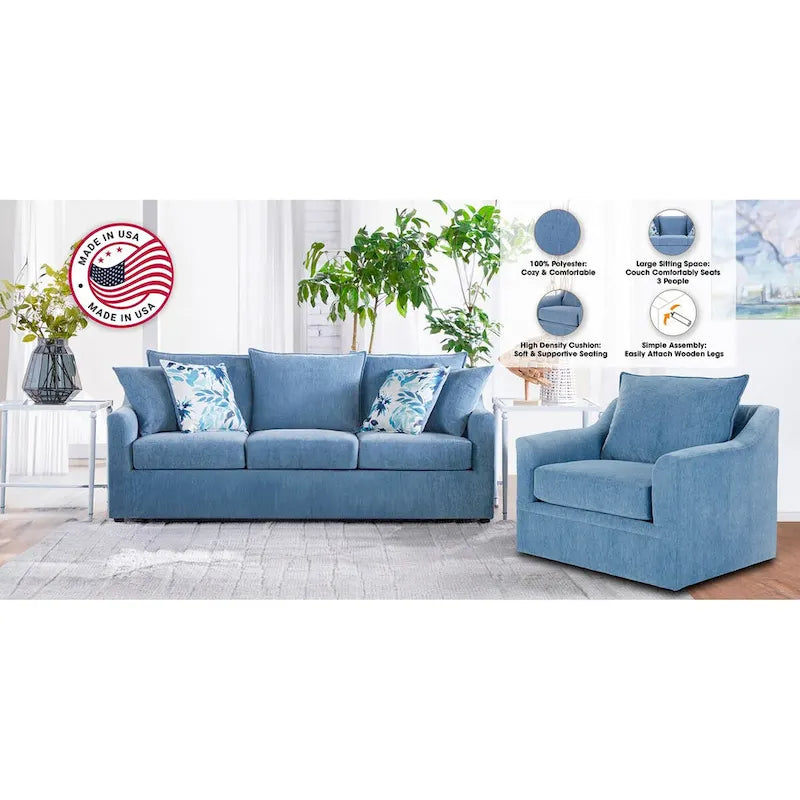 Slate Blue / Blue-White 2-Seat Living Room Set (Sofa + Swivel Chair)