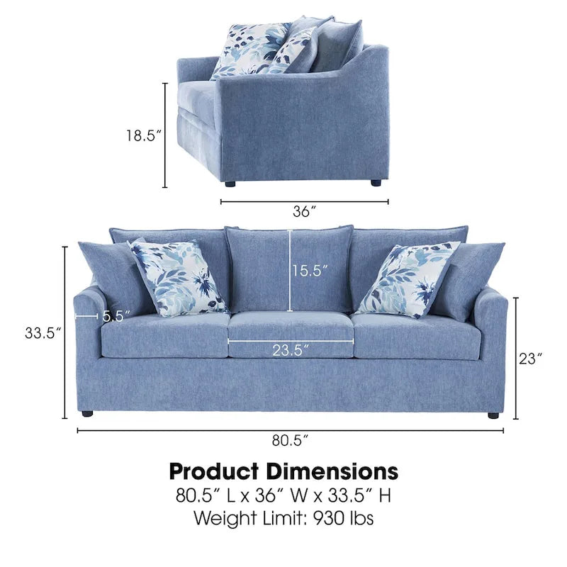 Slate Blue / Blue-White 2-Seat Living Room Set (Sofa + Swivel Chair)