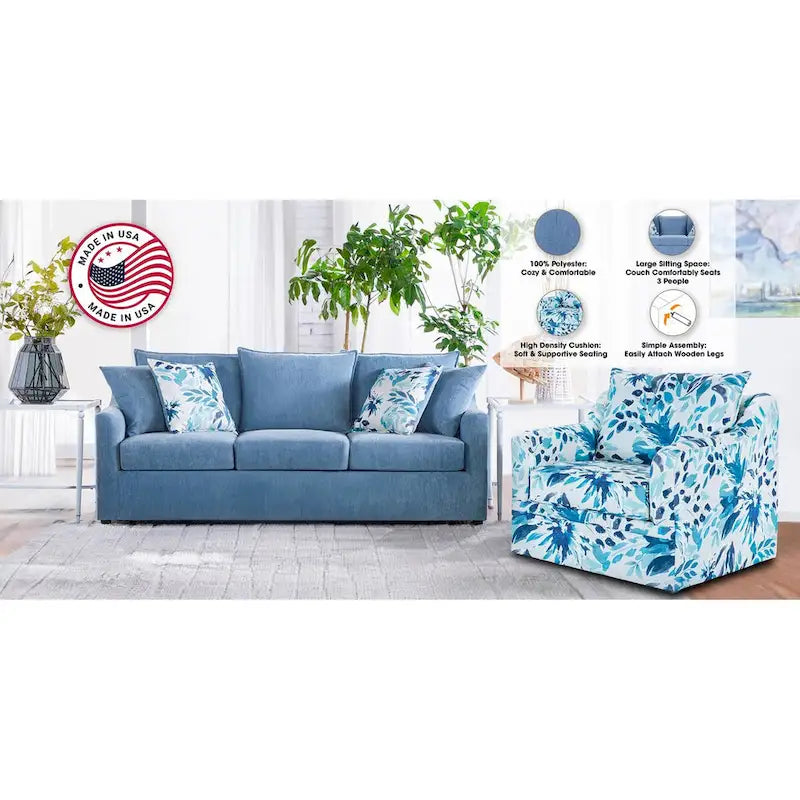 Slate Blue / Blue-White 2-Seat Living Room Set (Sofa + Swivel Chair)
