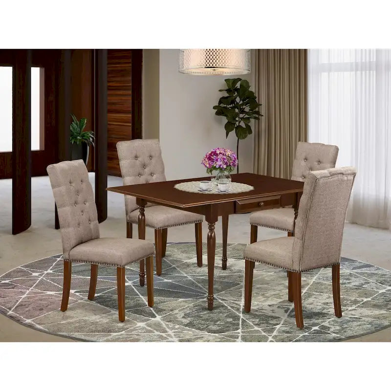 5-Piece Drop Leaf Dining Set, Mahogany / Linen White, Seats 4