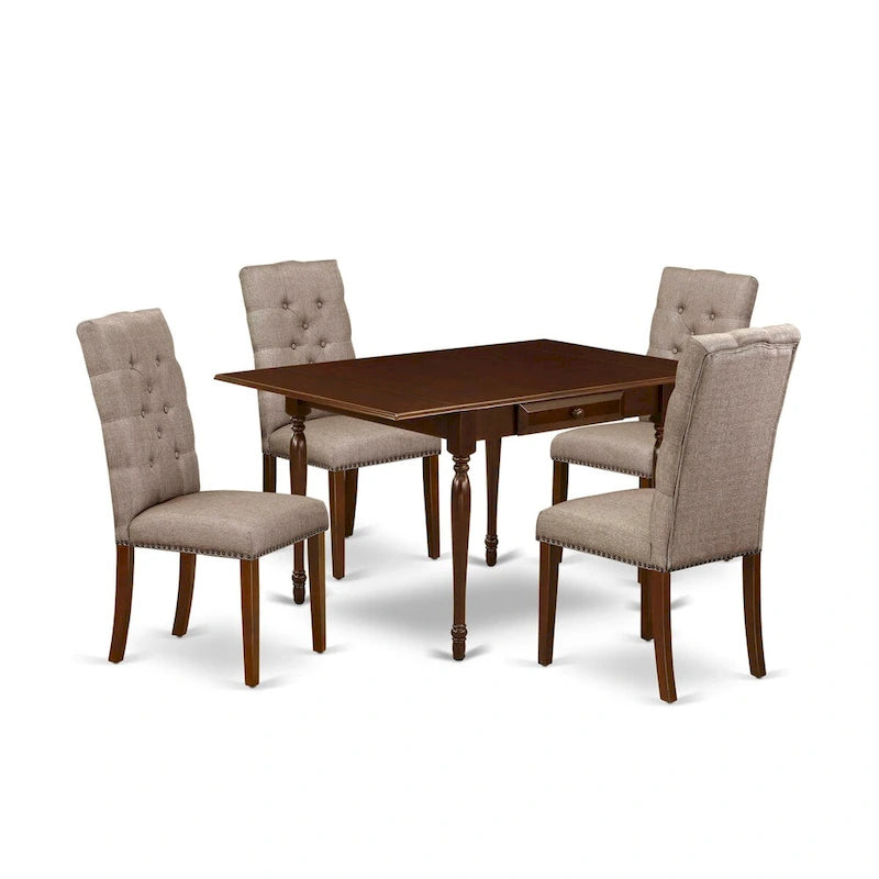 5-Piece Drop Leaf Dining Set, Mahogany / Linen White, Seats 4