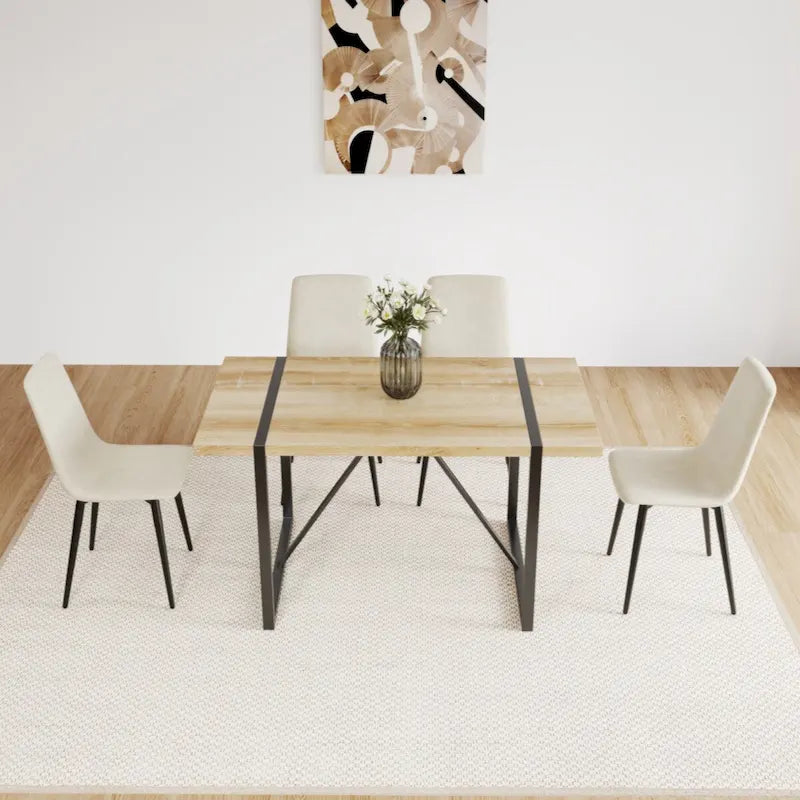 Natural Wood & Linen Dining Table Set for 4, Modern Style