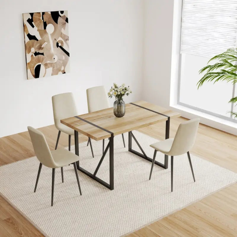 Natural Wood & Linen Dining Table Set for 4, Modern Style