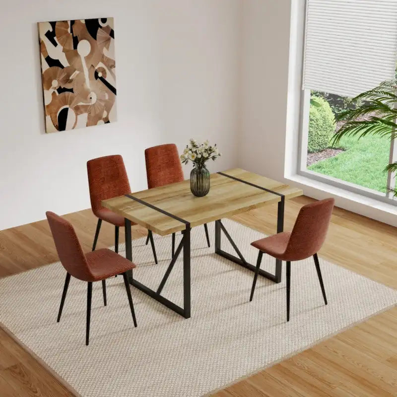 Natural Wood & Linen Dining Table Set for 4, Modern Style