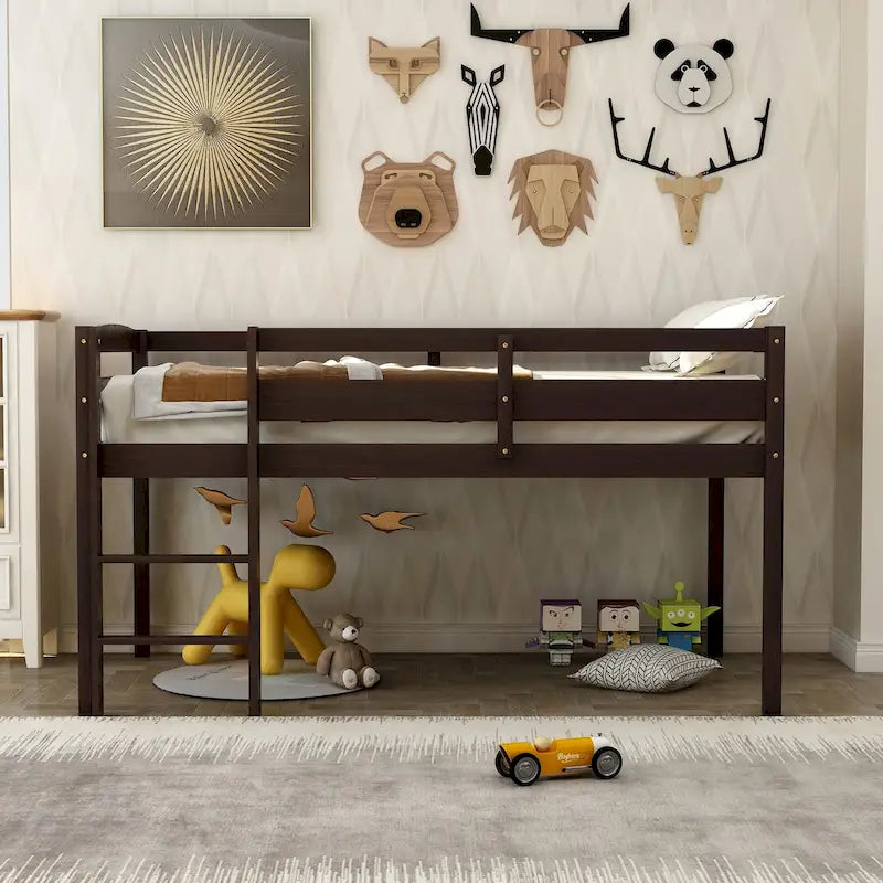 Twin Low Loft Bed with Ladder – Walnut / White / Espresso, Single