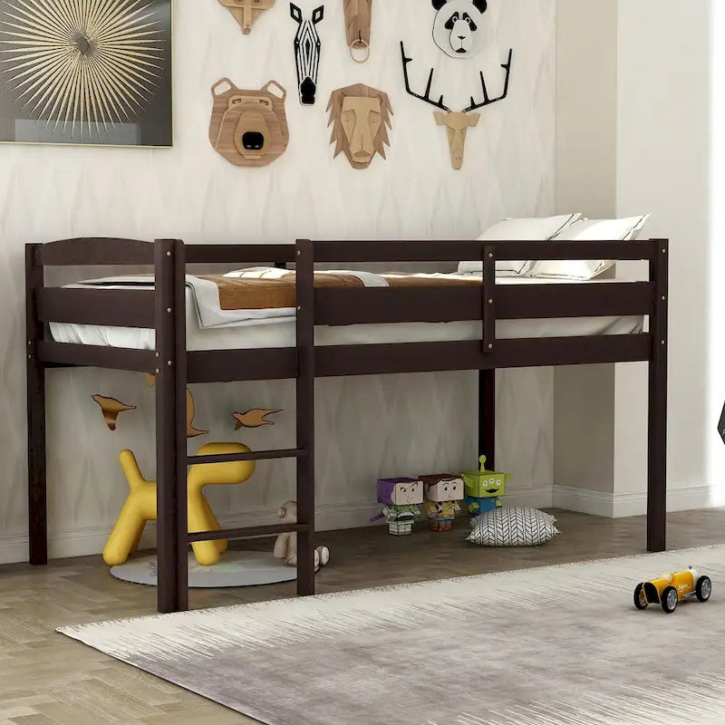 Twin Low Loft Bed with Ladder – Walnut / White / Espresso, Single