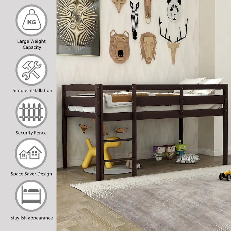 Twin Low Loft Bed with Ladder – Walnut / White / Espresso, Single