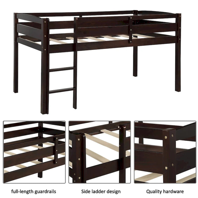 Twin Low Loft Bed with Ladder – Walnut / White / Espresso, Single